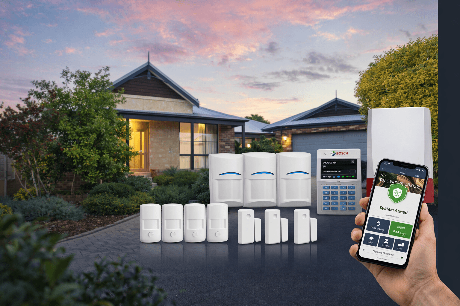 Complete home alarm system with multiple sensors and app control