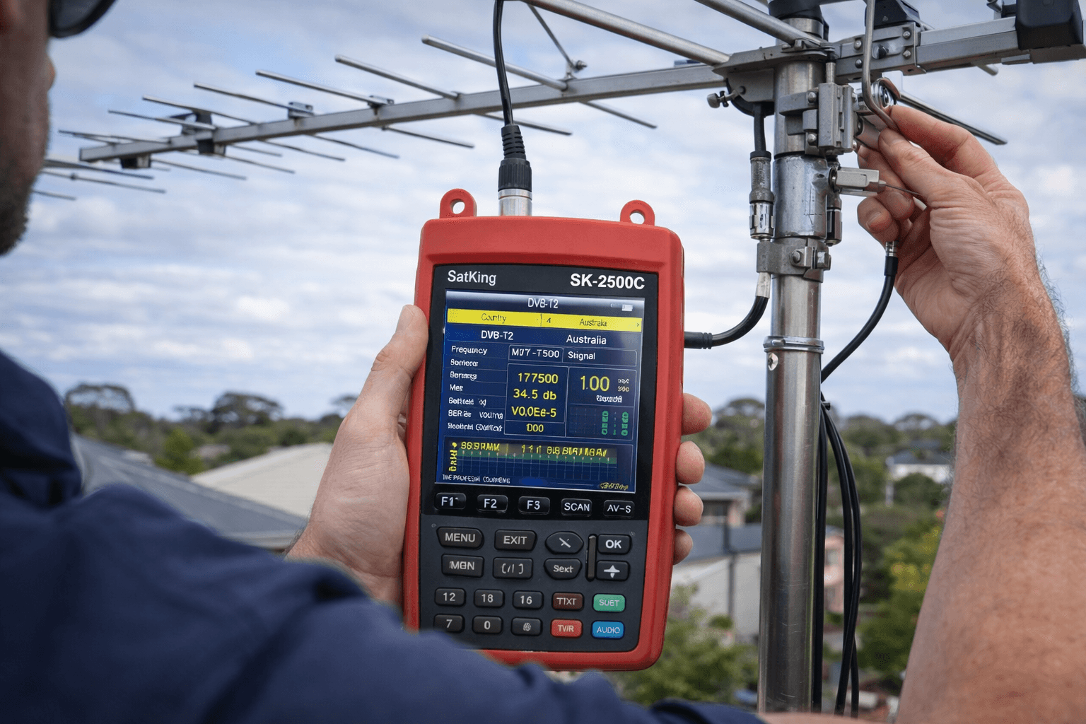 Technician testing TV antenna signal on roof