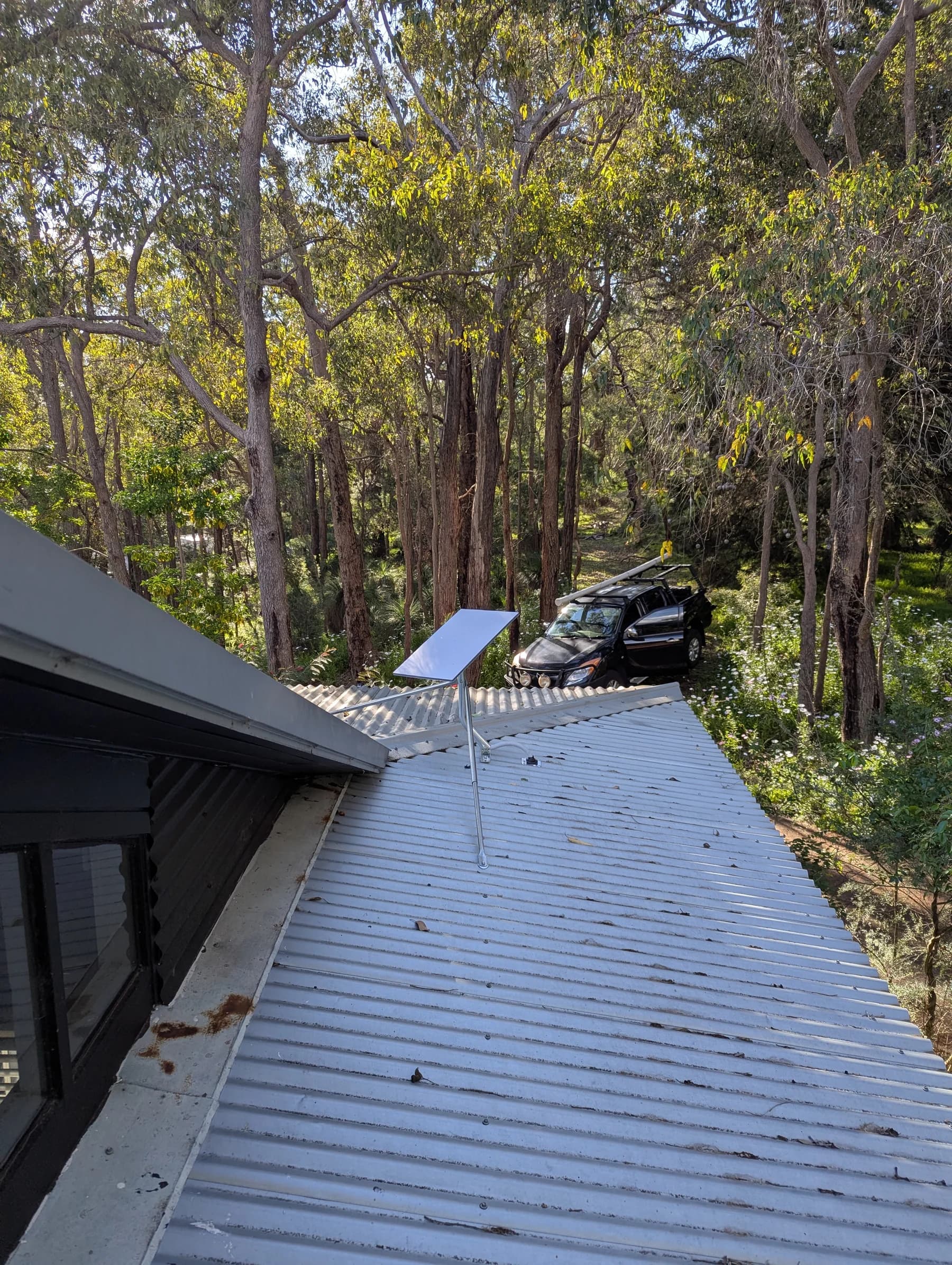 Starlink dish installed on the roof of a Darlington property surrounded by trees