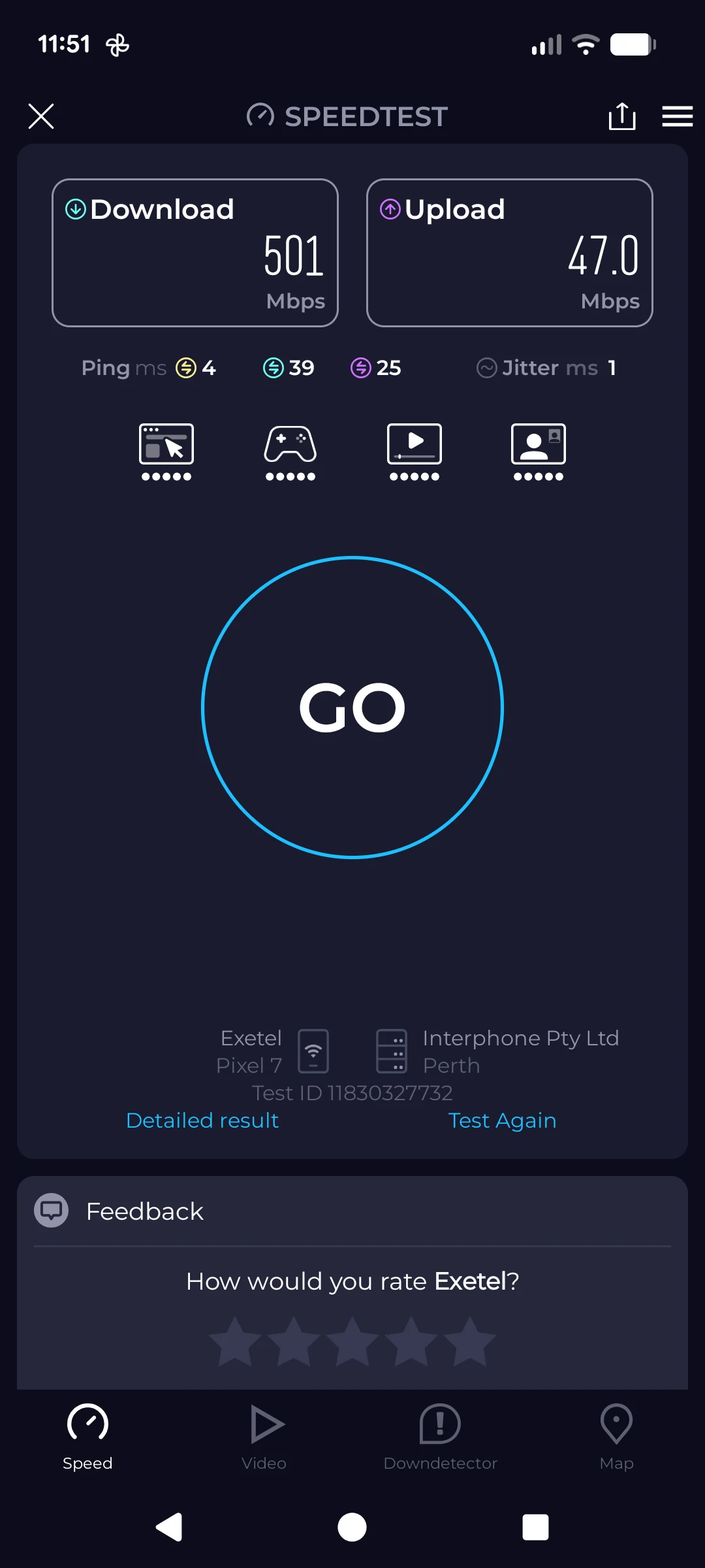 Wi-Fi speed test showing 501 Mbps download, 47 Mbps upload and 4 ms ping after installation