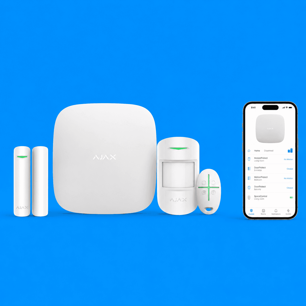Ajax apartment alarm package with hub, motion detector, door detector, remote and mobile app