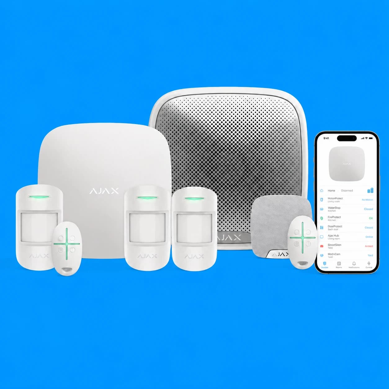 Ajax basic alarm package with hub, three motion detectors, external siren, internal siren, two control fobs and phone app