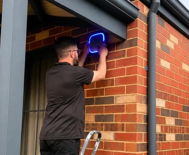 Daniel from Blake Smart Solutions installing an Ajax StreetSiren outside a Kelmscott home